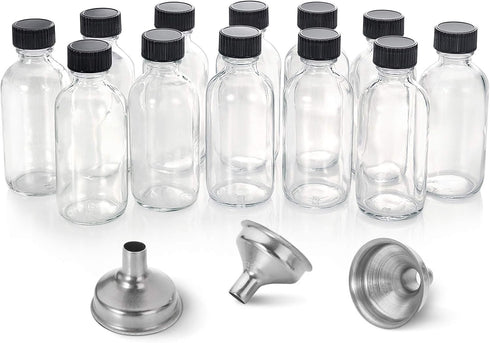 AOZITA 12 Pack, 2 oz Small Clear Glass Bottles w/Lid & 3