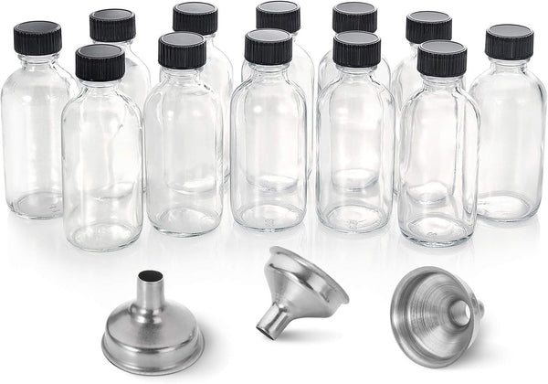 AOZITA 12 Pack, 2 oz Small Clear Glass Bottles w/Lid & 3