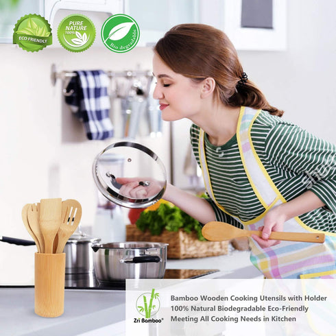 Bamboo Wooden Spoons & Spatulas Set - 6 Pieces Kitchen Cooking Utensils and 1 Holder, Heat Resistant for Non Stick Cookware by Zri Bamboo