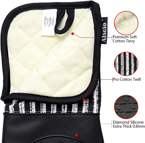 Silicone Oven Mitts - Heat Resistant 932?, Set of 2 Extra Long Kitchen Mittens with Soft Cotton Terry Lining
