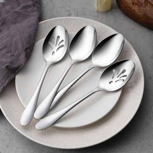 E-far Serving Spoons, 4-Piece Stainless Steel Serving Utensils Set - Solid Spoons x 2, Slotted Spoons x 2, Metal Hostess Serving Tablespoons for Catering Buffet Party Kitchen Restaurant