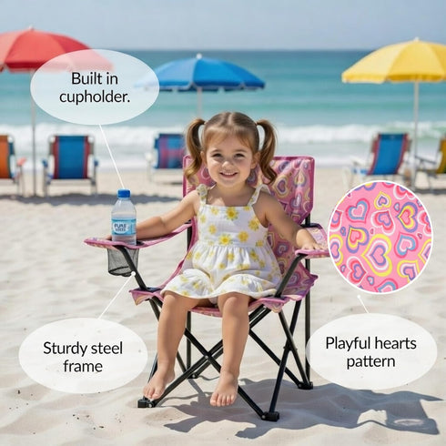 27 Emily Rose Kids Folding Beach Camp Chair with Cup Holder, Safety Lock & Matching Carry Case (Playful Hearts) Toddler