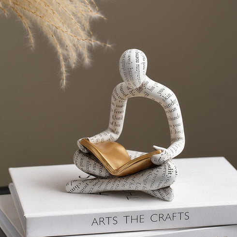 White Decor Reading Statue - Modern Abstract Thinker Sculptures - Resin Decorations for Living Room Coffee Table