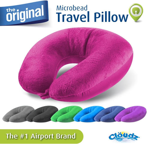 Cloudz Dual Comfort Microbead Airplane Travel Neck Pillow, Bright Pink, Soft Plush & Cool Spandex