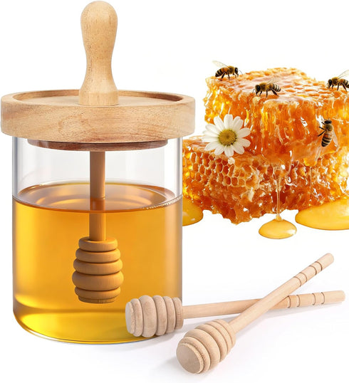 SlZKADY 12 Oz Honey Jar with 2 Wooden Dippers and Lid,Honey Pot Dispenser,Clear