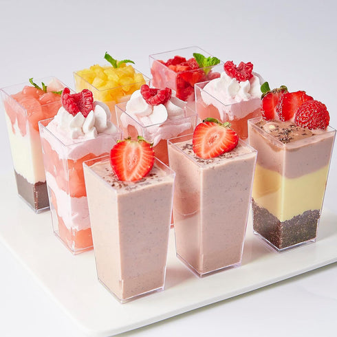 50 Pack 3 oz TOFLEN Square Mini Dessert Cups with Spoons Clear Plastic Dessert Shooter Cups for for Party, Yogurt