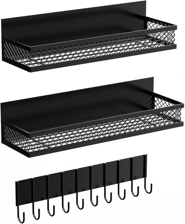 Magnetic Spice Rack for Refrigerator, 3 Pack Moveable Magnetic Shelf with 10-Hook Rack for Kitchen Organizers