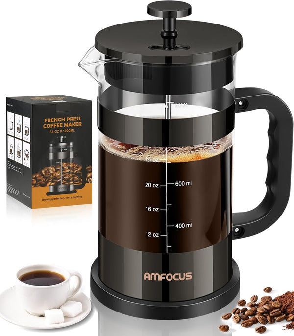 French Press Coffee Maker, 34oz Classic Heat-resistant Borosilicate Glass Pot with 4-Level Filters, Portable Cold Brew