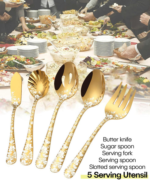 Stapava Serving Utensils Gold, 5 Pieces Stainless Steel Silverware Serving Set with Serving Spoon, Slotted Serving Spoon, Serving Fork, Sugar Spoon, Butter Knife for Restaurant Banquet Buffet by Stapava