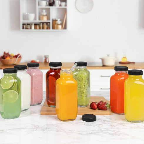 umud 16 Oz Set 8 (8) Juice Bottles with Lids, - of - Clear Glass Jars with Caps - Reusable Empty Drink Containers