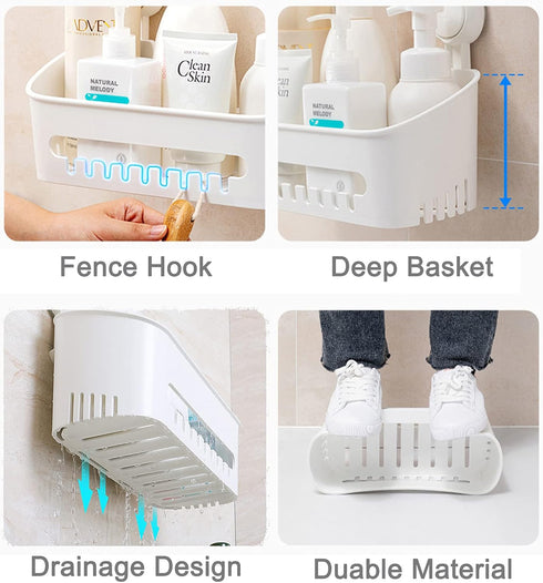Suction Cup Shower Organizer Basket, Plastic Bath Shelf with Strong Suction Power, Waterproof, Reusable Caddy for