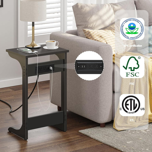 2 TB01BK044 TUTOTAK C Shaped End Table with Charging Station, Side Table, Couch Table for Small Spaces, Tv Tray Table