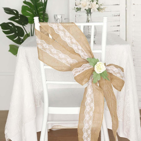 5"x108" Efavormart | Natural Burlap with Lace Chair Sashes Covers, Hessian Fabric Rustic Jute Chair Sashes Covers