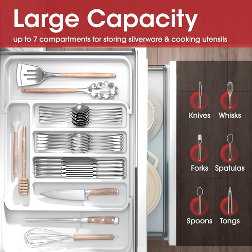 AUJEN Silverware Organizer, Expandable Kitchen Drawer Organizer, Adjustable Cutlery Storage for Forks, Knives, White