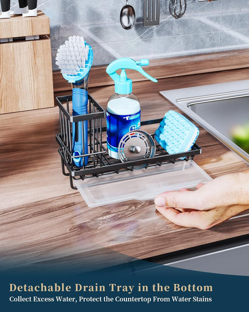 Consumest Sponge Holder for Kitchen Sink - Stainless Steel Sink Caddy with Removable Drip Tray for Dish Soap Storage -