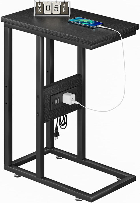 VECELO C Shaped End Table with Charging Station & Power Outlets, Quick