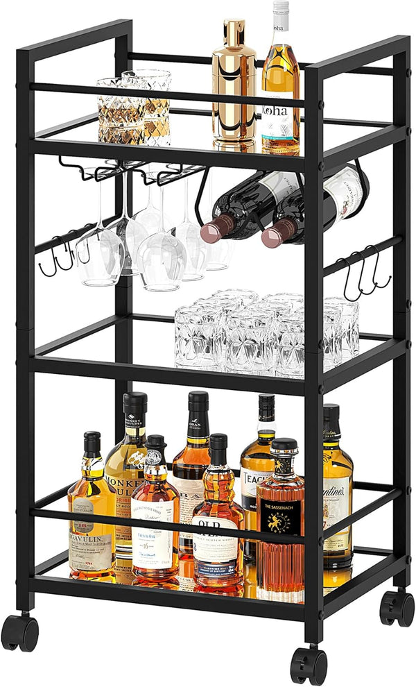 Bar Cart with Wine Rack and Glass Holder, Serving Cart for Home, Mobile Kitchen Shelf, Rolling Beverage Cart in Black