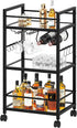 Bar Cart with Wine Rack and Glass Holder, Serving Cart for Home, Mobile Kitchen Shelf, Rolling Beverage Cart in Black