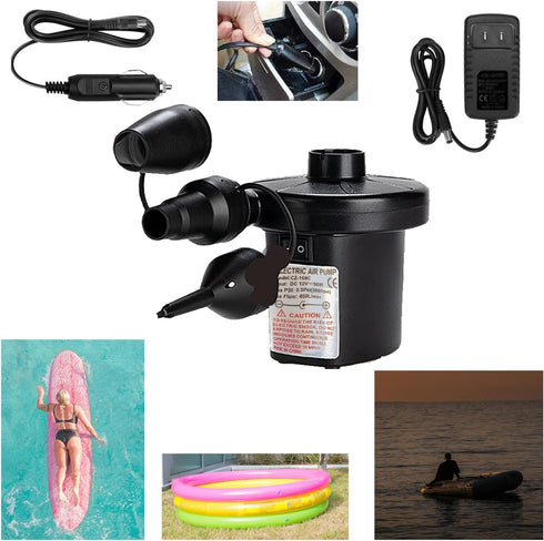 Electric Air Pump for Inflatable with 3 Nozzles, 110V AC/12V DC, Portable