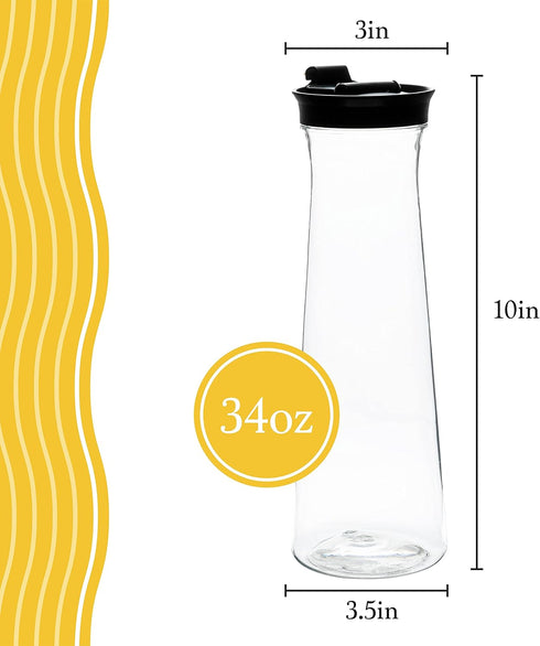 Clear Plastic Water Pitchers with Flip Top Black Lids, 34 OZ Heavy Duty Beverage Jug, Pack of 2