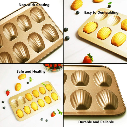 Heavy Duty Nonstick Madeleine Pan 12-Cup Baking Cake Mold Tray (Golden)