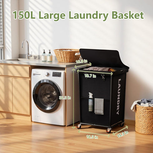 150L Laundry Basket with Wheels, Rolling Laundry Hamper with Cloth Cover, Laundry Cart with Metal Frame & Removable