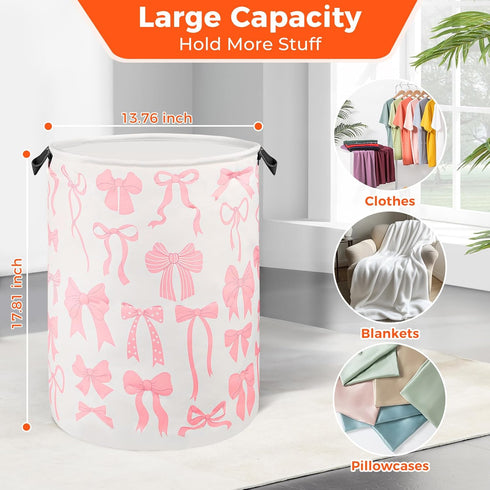 SEASINK 17.71"x13.77" Pink Laundry Basket Bow Decor for Girls Room Cute Teens Nursery Hamper Kids Bin for Dorm Bathroom