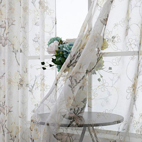 Tollpiz Floral Short White Sheer Tier Curtains, Set of 2 Panels, 30 x 24 inches, Flower Print Vine Embroidery for
