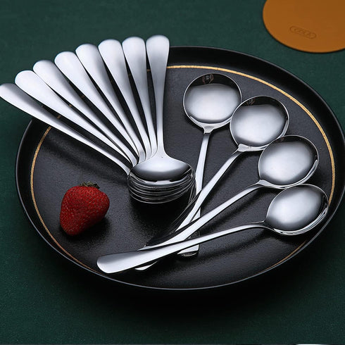 Berglander 12 Soup Spoons Set, 7.5" Stainless Steel Round Silverware, Sturdy Easy To Clean Table Spoon Set, Dishwasher
