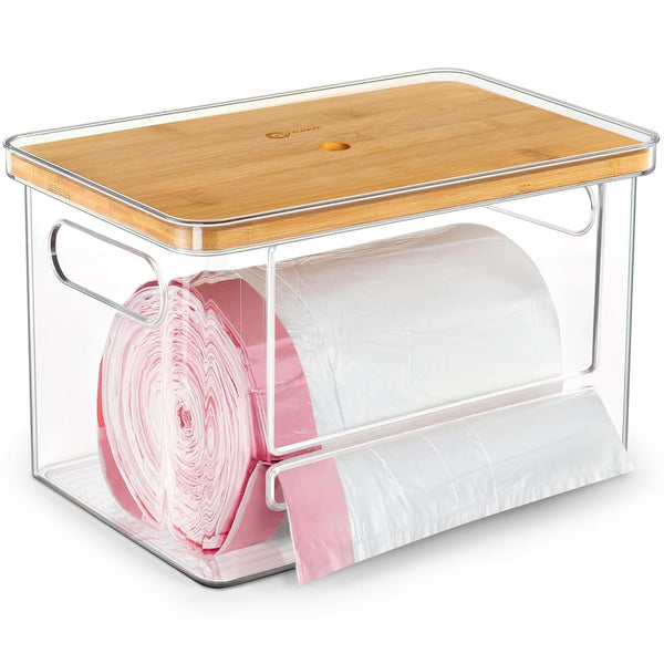 Stackable Trash Bag Dispenser with Wooden Top for Holding 13/30/33-Gallon Large Bag