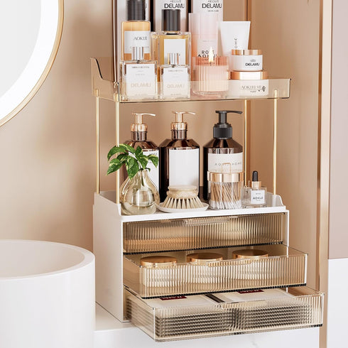 Delamu Bathroom Organizers and Storage, 2 Tier 3 Drawer Makeup Organizer Countertop,