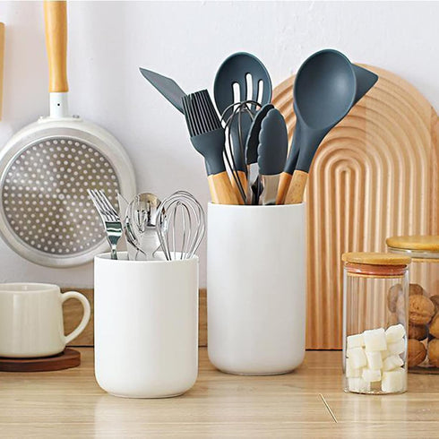 Ceramic Kitchen Utensil Holder for Countertop - Matte White, Space Saving Compact Rack for Cooking Utensils (#1)