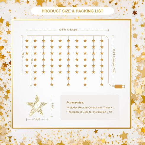 Patioman 70 Star Curtain Lights, Warm White Window Lights Stars Hanging Light with Remote Fairy Led Twinkle String