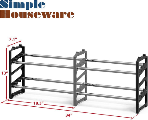 2-Tier (18''-34'') 8 Simple Houseware Expandable and Stackable Shoe Racks with Shelves for Pairs of Shoes, Black