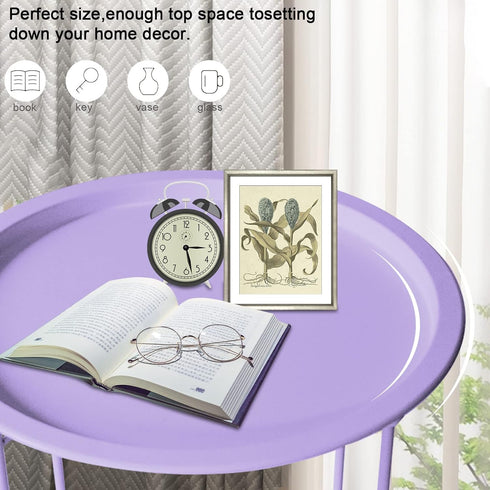 4 Garden you End Table Metal Side Table Purple Round Folding Tray Cyan Sofa Small Accent Fold-able Table, Round End