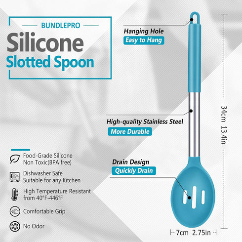 Pack of 2 Large Silicone Slotted Spoon Kitchen Skimmer with High Heat Resistant BPA Free Non Stick Cooking Ladle Strainers For Draining & Frying (Gray-Blue) by BUNDLEPRO