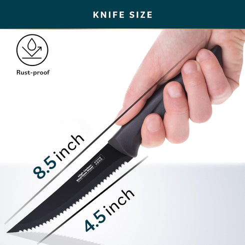Home Hero Steak Knives Set - 8 Pcs High-Carbon Stainless Steel Serrated Knives with Ergonomic Handles (Black)