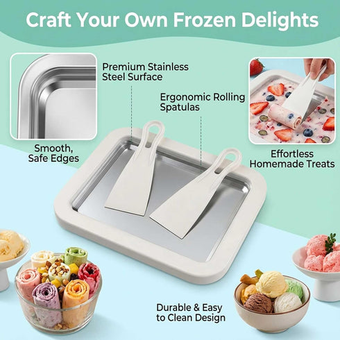 2 Frozen Rolled Ice Cream Maker Kit, DIY Ice Cream Roll Tray with Scrapers, No Electricity Required, Stainless Steel