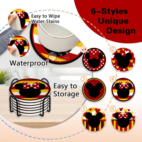 Cute Cartoon Mouse Drink Coasters Set of 6, Red Yellow Absorbent Ceramic Cup Mat for Coffee Table Protection