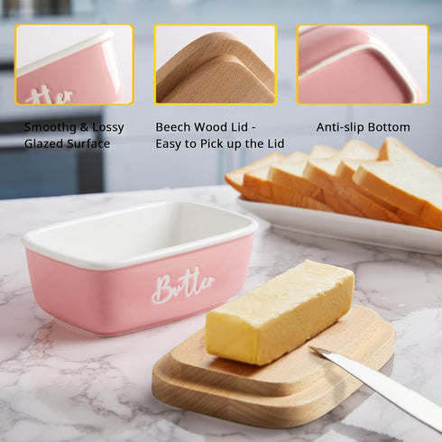 ALELION Pink Butter Dish with Lid, Ceramic Farmhouse Butter Keeper Container with Beech Wood Lid, Pink Kitchen Decor