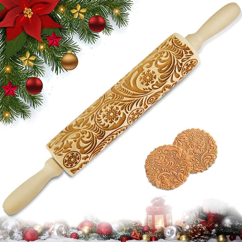 Wooden Engraved Rolling Pin - Christmas Snowflake Designs for Baking Cookies and Decor