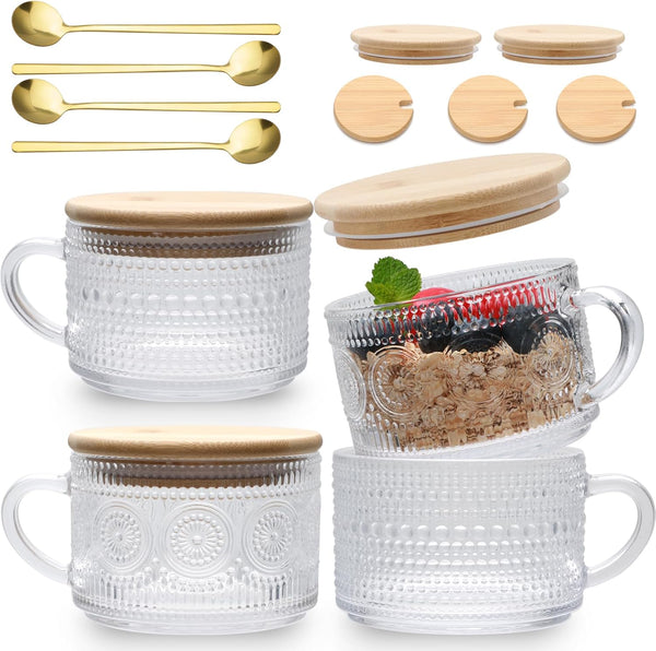 Maredash 4pcs Overnight Oats Containers with Lids,Vintage Coffee Mugs gifts for women,Glass Cups