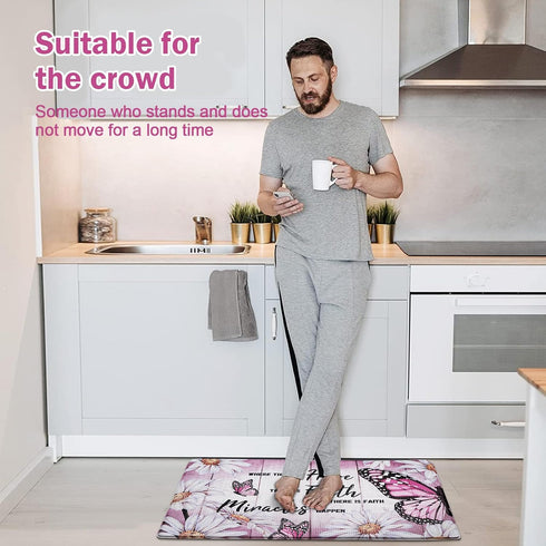 Likiyol Butterfly Kitchen Rugs, Set of 2 Anti Fatigue Mats for Kitchen Floor, Non-Slip Washable Daisy Floral Pink