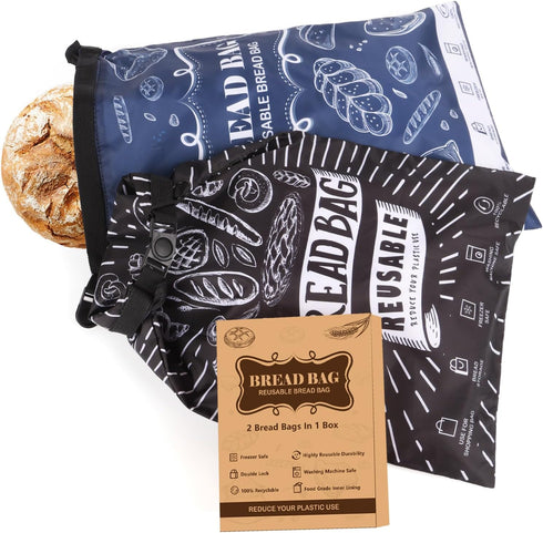 Seaury Kareen 2 Packs Bread Bag, Reusable Sourdough Storage Bag With Zipper for Homemade Loaf- Large Freezer Container