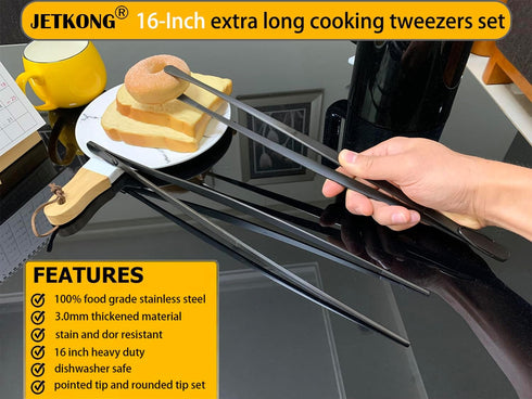 JETKONG 2 Pcs 16-Inch Heavy Duty Plating Tongs, Extra-Long Stainless Steel Kitchen Cooking Forceps