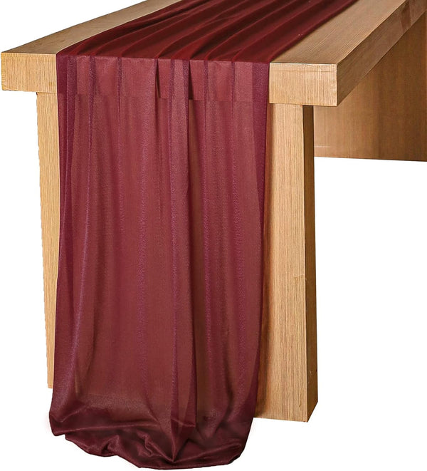 Lookein Burgundy Chiffon Table Runner 10 Feet, Sheer Wedding Table Cloth 29x120 Inches Rustic Decorations