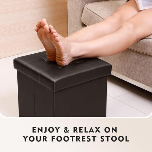 B FSOBEIIALEO Folding Storage Ottoman Cube - Faux Leather Footrest for Living Room, Brown, 12.6" x 12.6" x 12.6"