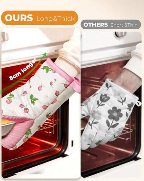 Set 100% Slohif Cute Strawberry Mini Oven Mitts Pink Extended Short Heat Resistant Kitchen Gloves for Women, Cotton