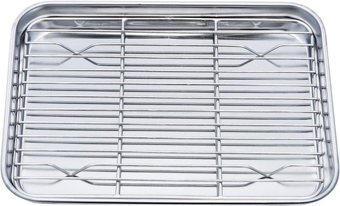 TeamFar Toaster Oven Pan Tray with Cooling Rack - Compact 8''x10''x1'', Stainless Steel, Non-Toxic, Dishwasher Safe