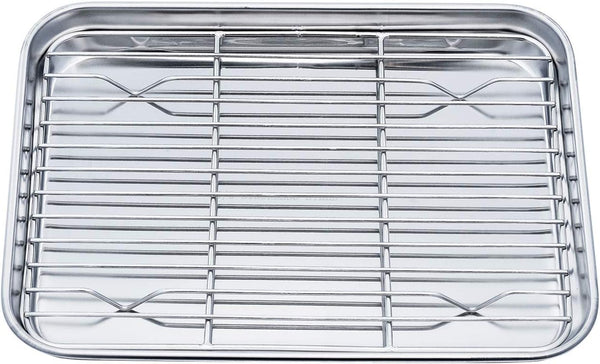 TeamFar Toaster Oven Pan Tray with Cooling Rack - Compact 8''x10''x1'', Stainless Steel, Non-Toxic, Dishwasher Safe